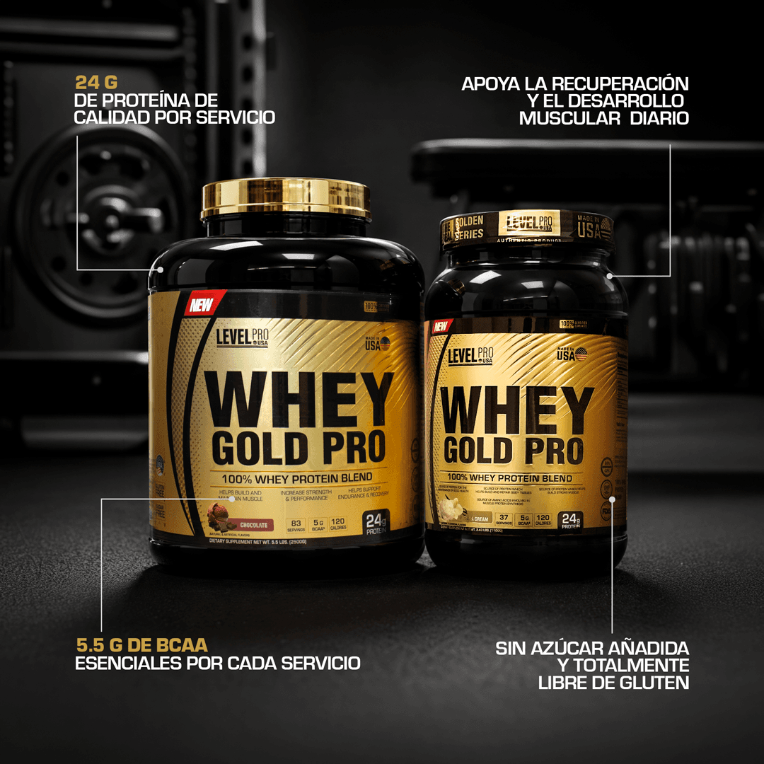 Whey Gold Pro 5.5 lbs y 2.43 lbs - 24 g de proteína de calidad por servicio, apoya la recuperación y el desarrollo muscular diario, 5.5 g de BCAA esenciales por cada servicio, sin azúcar añadida y totalmente libre de gluten
